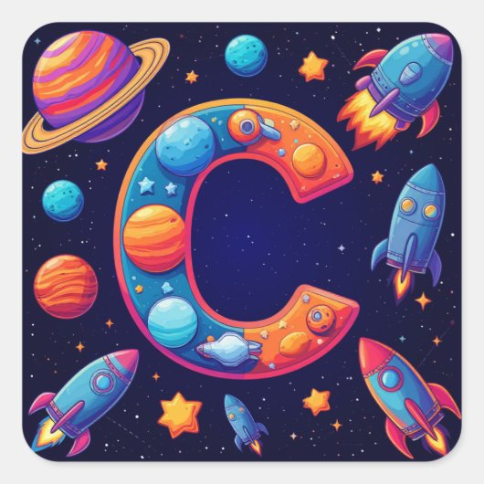 🚀 スペースレターCロケット惑星星キッズ 🚀 スクエアシール (正面)