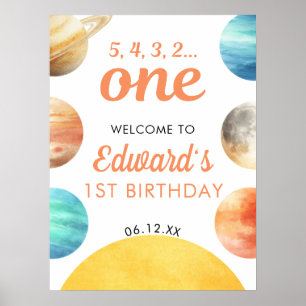 スペース惑星の1歳の誕生日ウェルカムサイン ポスター