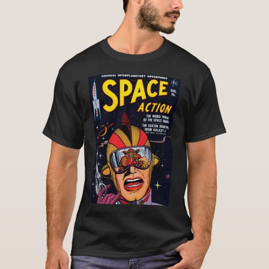 スペース・アクション #2 ビンテージSFコミックブックカバー Tシャツ (正面)