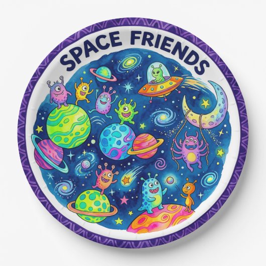 "スペース フレンズ" かわいい宇宙人と惑星の紙皿 ペーパープレート (正面)