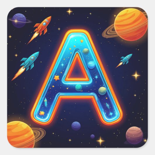 🌠 スペース レター A ギャラクシー ロケット 星 惑星 🌠 スクエアシール (正面)