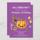 スポオクタキュラハロウィーン子供の誕生日パーティー紫 招待状 (正面/裏面)