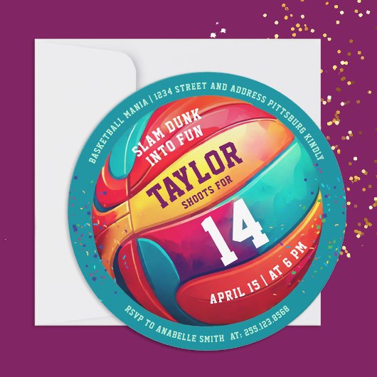 スポクールートカラフルスラムダンクバスケットボール誕生日 招待状