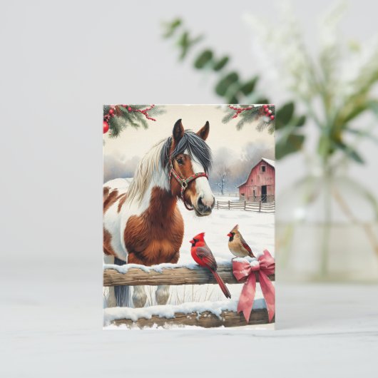 スポッテッドピント馬と深紅色 パーソナライズされた ポストカード (スタンド正面)