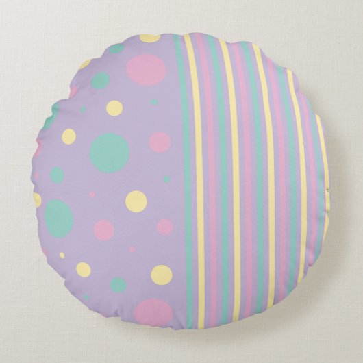 スポットとストライプ – ピンク、黄、紫、緑 ラウンドクッション (正面)