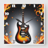 スポットライト輝くの中の炎のギター スクエア壁時計 (正面)