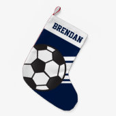 スポパーソナライズされたーティストライプ·サッカー·ボール·ネービー·ブルー スモールクリスマスストッキング (正面 (吊り時))