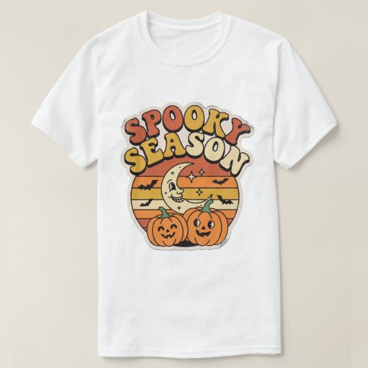 スポーキーシーズン レトロ ハロウィン パンプキン & 月 Tシャツ (デザイン正面)