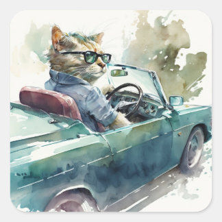 スポーツおもしろいカーのステッファンシーカーを運転する猫 スクエアシール