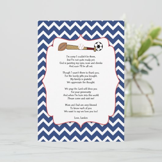 スポーツのテーマのベビーシャワーのギフトの詩はノート感謝していしています サンキューカード (スタンド正面)