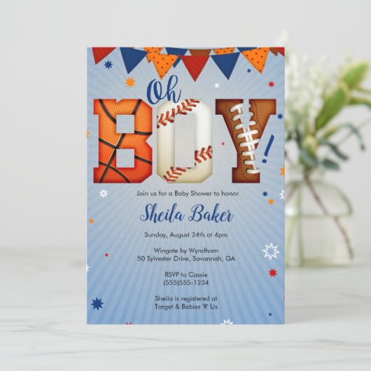 スポーツのベビーシャワーの招待状-スポーツオールスター 招待状 (スタンド正面)