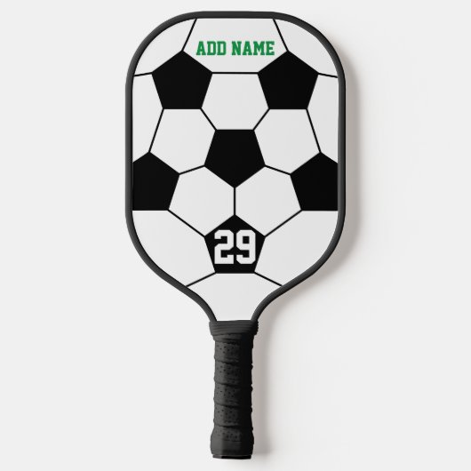 スポーツの名称と番号の付いたサッカーボールスケッチ ピックルボールラケット (裏面)