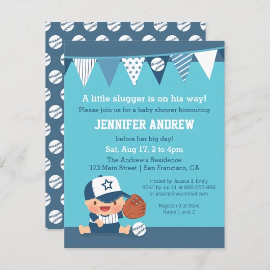 スポーツの男の子の青い野球のベビーシャワー招待状 招待状 (正面/裏面)