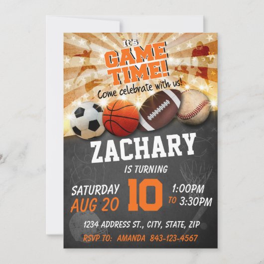 スポーツの誕生日の招待の組み合わせスポーツボール 招待状 (正面)
