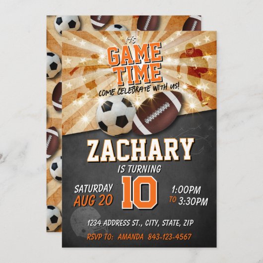 スポーツの誕生日の招待サッカーサッカー 招待状 (正面/裏面)