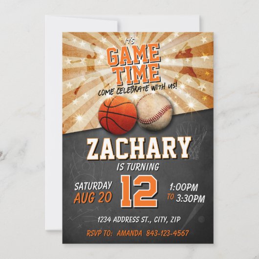 スポーツの誕生日の招待バスケットボール野球 招待状 (正面)