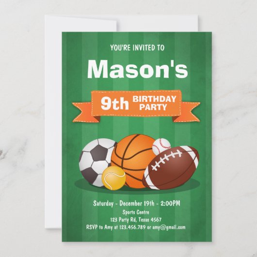 スポーツの誕生日招待パーティー 少年たち 全員スター 招待状 (正面)