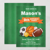 スポーツの誕生日招待パーティー 少年たち 全員スター 招待状 (正面/裏面)