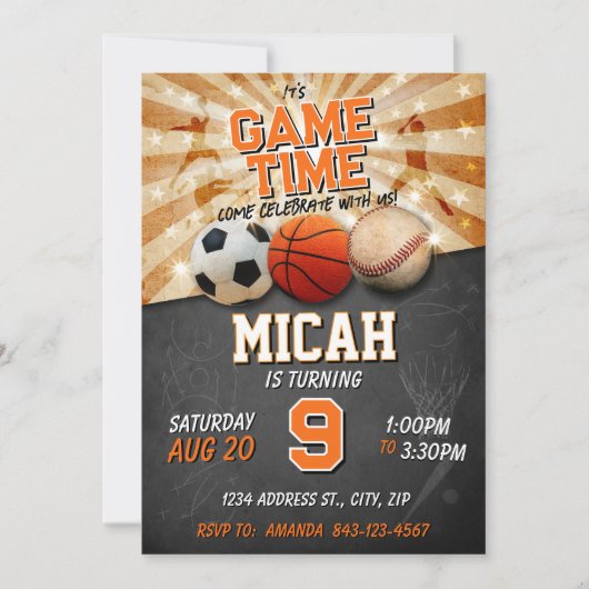スポーツの誕生日招待状サッカーバスケットボール野球 招待状 (正面)