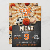 スポーツの誕生日招待状サッカーバスケットボール野球 招待状 (正面/裏面)