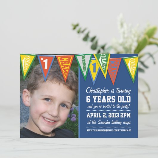 スポーツの長旗の男の子の誕生日の招待状 招待状 (スタンド正面)