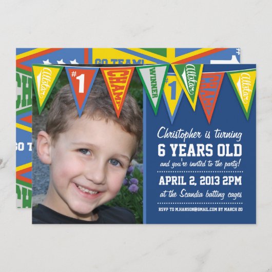 スポーツの長旗の男の子の誕生日の招待状 招待状 (正面/裏面)