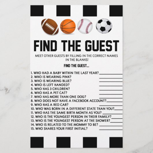スポーツをテーマにしたゲスト赤ちゃんシャワーゲームを見つける 便箋 (正面)
