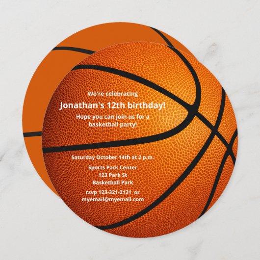 スポーツをテーマにしたバスケットボールの誕生日パーティー 案内状 (正面/裏面)