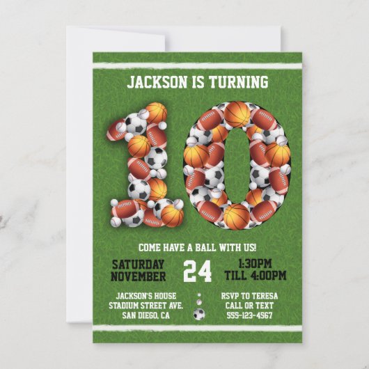 スポーツをテーマにしたボール10th Birthday Partyへの招待 招待状 (正面)