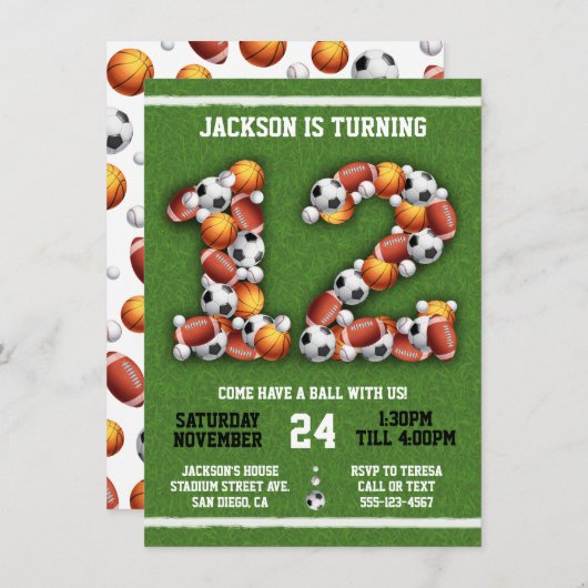 スポーツをテーマにしたボール12thバースデーパーティーへの招待 招待状 (正面/裏面)