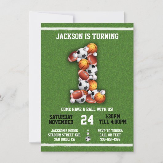 スポーツをテーマにしたボール1st誕生日パーティの招待状 招待状 (正面)