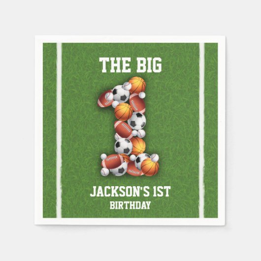 スポーツをテーマにしたボール1st誕生日パーティー スタンダードカクテルナプキン (正面)