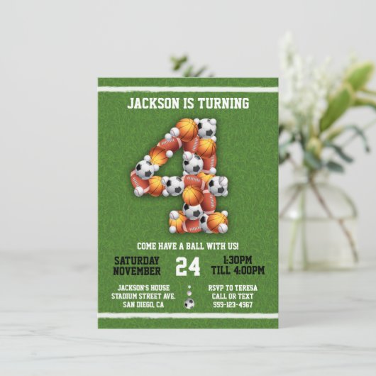 スポーツをテーマにしたボール4th誕生日パーティの招待状 招待状 (スタンド正面)