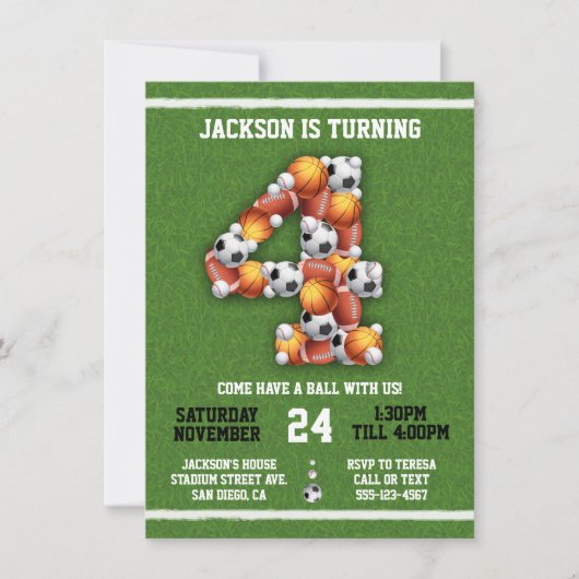 スポーツをテーマにしたボール4th誕生日パーティの招待状 招待状 (正面)