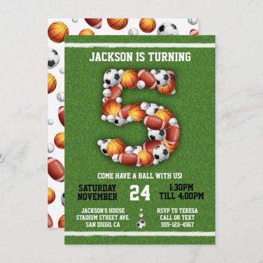 スポーツをテーマにしたボール5thバースデーパーティーへの招待 招待状 (正面/裏面)