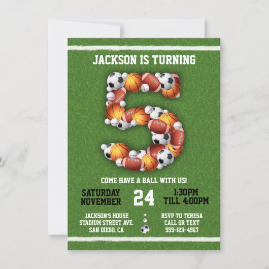 スポーツをテーマにしたボール5thバースデーパーティーへの招待 招待状 (正面)