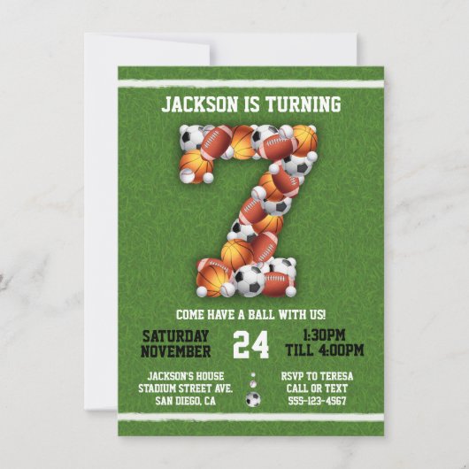 スポーツをテーマにしたボール7thバースデーパーティーへの招待 招待状 (正面)