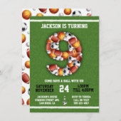 スポーツをテーマにしたボール9thバースデーパーティーへの招待 招待状 (正面/裏面)