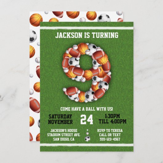 スポーツをテーマにしたボール9thバースデーパーティーへの招待 招待状 (正面/裏面)