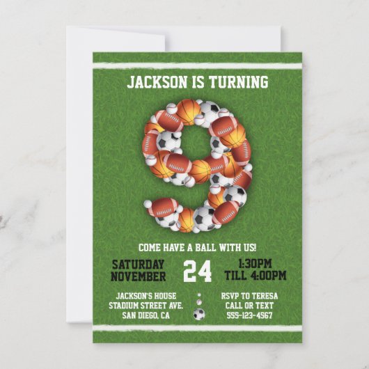 スポーツをテーマにしたボール9thバースデーパーティーへの招待 招待状 (正面)