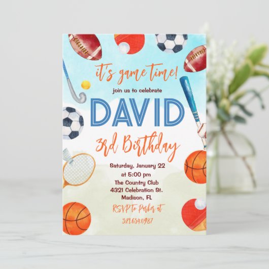スポーツをテーマにした子供の誕生日パーティー 招待状 (スタンド正面)