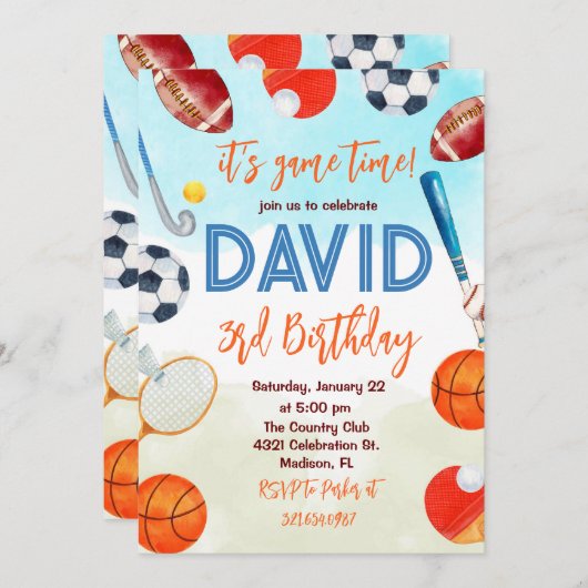 スポーツをテーマにした子供の誕生日パーティー 招待状 (正面/裏面)