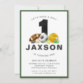 スポーツをテーマにした第1の誕生日パーティの招待状 招待状 (正面)