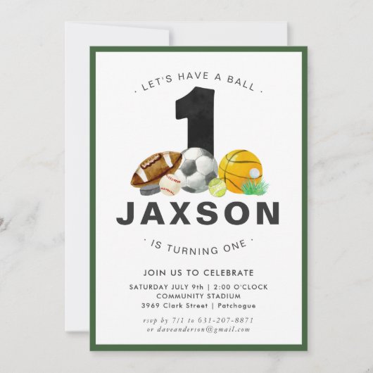 スポーツをテーマにした第1の誕生日パーティの招待状 招待状 (正面)