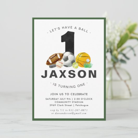 スポーツをテーマにした第1の誕生日パーティの招待状 招待状 (スタンド正面)