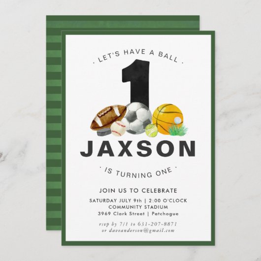 スポーツをテーマにした第1の誕生日パーティの招待状 招待状 (正面/裏面)