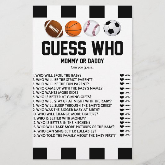 スポーツをテーマにした誰を推測！ベビーシャワーゲームスタチオン 便箋 (正面)