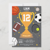 スポーツアスレティックボールキッズグレイ誕生日パーティー 招待状 (正面)