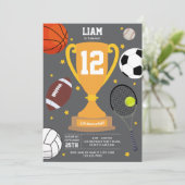 スポーツアスレティックボールキッズグレイ誕生日パーティー 招待状 (スタンド正面)