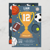 スポーツアスレティックボールキッズブルーバースデーパーティー 招待状 (正面/裏面)